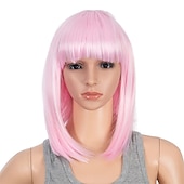 abordables Perruques de carnaval-Perruque bob courte droite ombrée bleu rose multicolore de 10 pouces avec frange perruque synthétique colorée de cosplay pour les fêtes quotidienne pour femmes et enfants avec bonnet de perruque