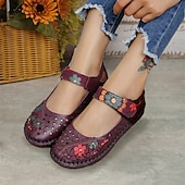 olcso Női lapos sarkú cipők-női piros bőr mezítlábas mary jane flats – hímzett virágos alkalmi kényelmes cipő tépőzáras pántokkal