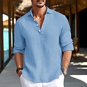 voordelige Vakantie-Voor heren Overhemd linnen overhemd Zomer overhemd Strand Kleding Normaal shirt Overhemd met knopen Effen Vakantie Curise Zwart Wit blauw Groen Lange mouw Strijkijzer Lente zomer Kleding
