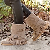 olcso Slouch Boots-női rojtos velúr mokaszin csizma csatos részletekkel - lezser és kényelmes western stílusú bokacsizma