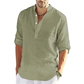 preiswerte Klassiker-Herren Hemd leinenhemd Hemd mit Stehkragen Popover-Shirt Sommerhemd Strandbekleidung Feste Farbe Hawaiianisch Festtage Schwarz Weiß Gelb Rosa Langarm Henley Sommer Frühling Bekleidung Button-Down