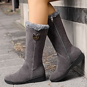 baratos Botas de neve e inverno-botas de inverno femininas de camurça preta com forro de pele sintética e zíper lateral - botas quentes e elegantes de cano médio para clima frio