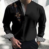 preiswerte Ethnisches Muster-Herren Stammes Vintage Geometrie Hemd Knopfhemd Langarm Modisch Strassenmode Designer Outdoor Casual Täglich Sommer Herbst V Ausschnitt Bedruckt Schwarz Rosa Blau Grün Khaki