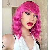 voordelige Carnaval pruiken-hete roze pruik met pony korte bob golvend krullend pruik schouderlengte hete roze pruiken voor vrouwen synthetisch haar kleurrijke pruik voor halloween kostuum cosplay 14 inch