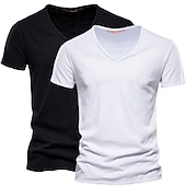 cheap Cotton Linen T-shirts-Men&#039;s T Shirt Tee Top Short Sleeves V Neck Summer Plain Fashion Designer Basic Vacation Street Going out White+Black White and Blue Orange / Green Top Tee for Men