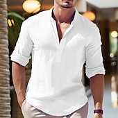 economico Vacanza-Per uomo Camicia in cotone e lino Camicia con colletto cinese Camicia con colletto alla coreana Semplice Vacanza Nero Bianco Blu marino Blu Manica Lunga Henley Primavera &amp; Estate Abbigliamento