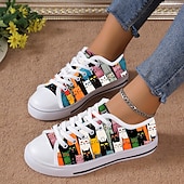 economico Sneakers da donna-Sneakers da donna in tela con stampa di gatti colorati – graziose scarpe casual con lacci per gli amanti dei gatti, da indossare tutti i giorni e per le passeggiate