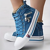 preiswerte Damen-Sneaker-Damen-High-Top-Sneaker aus blauem Denim mit Totenkopf-Anhängern und Reißverschluss-Detail – lässiger Retro-Stil für jeden Tag