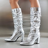 baratos Botas Slouch-botas femininas de cano alto, prateadas e metálicas – botas de salto bloco com estampa de cobra brilhante para moda de festa, clube e festival