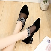 ieftine Block Heels-Botine de damă din plasă neagră, cu ornamente florale cu strasuri - pantofi eleganți cu toc mic, cu vârf ascuțit, pentru evenimente formale și petreceri