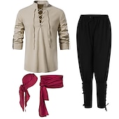 baratos Conjuntos-Medieval Renascentista Século XVII Comprimento Médio Blusa / Camisa Calças Traje Cosplay Pirata Cavalheiro Viking Com Cordão Cor Sólida Homens Pirata Dia Das Bruxas Baile de Máscaras Casual / Diário