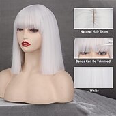cheap Synthetic Trendy Wigs-Short Bob White Wig with Bangs Silver White Short Wigs for Women Straight Bob White Cospaly Hair Wig for Daily Party Halloween