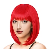 economico Parrucche di Carnevale-parrucca bob rossa con frangia parrucche bob corte in fibra sintetica da 12 pollici per le donne parrucche bob corte e parrucca bob cosplay di halloween