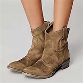 abordables Bottines-bottines western en faux daim marron pour femmes – bottes de cowboy à talon bas de style vintage pour tenues décontractées