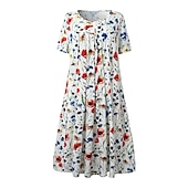 preiswerte Blumenkleid-Damen Midi Kleid Freizeitkleid Floral Kleid Weiß Kurzarm Floral Raffung Frühling Sommer Rundhalsausschnitt Basic Alltag Urlaub Wochenende