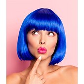 cheap Carnival Wigs-Blue Bob Wig With Bangs 12 Inch Royal Blue Wig Short Synthetic Fiber Bob Wigs for Women Short Bob Wigs and Halloween Cosplay Bob Wig
