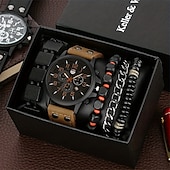 cheap Quartz Watches-Keller Weber 5Pcs Watches Bracelet Set Luxury Men Quartz Wristwatches Leather Band Fahsion Casual Watch For Men Gift For Boyfriend