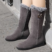 baratos Botas de neve e inverno-botas de inverno femininas de camurça preta com forro de pele sintética e zíper lateral - botas quentes e elegantes de cano médio para clima frio