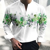 billige Plantemønster-Herre Blomstret Skjorte Skjorte med knapper Langermet Mote Gatemote Designer utendørs Avslappet Daglig Sommer Høst V-hals Trykt mønster Gul Rød Blå Lilla Grønn