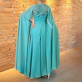 voordelige GROEN-A-Lijn Avondjurk Elegante Jurk Bruiloft Gast Bruiloft Feest Vloerlengte Korte Mouw Sierlijke Hals Capes Chiffon met Apllicaties Sjaal