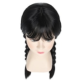 economico Parrucche dei personaggi dei film-mercoledì addams parrucche ragazze parrucca per bambini parrucca lunga liscia nera intrecciata con frangia parrucca da festa parrucche di carnevale