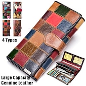 billige Lommebøker-patchwork-lommebok i ekte skinn for kvinner, multikortholder med stor kapasitet, vintage lang clutch-lomme med glidelåslomme, tilgjengelig i 4 unike stiler