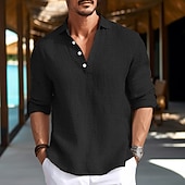 voordelige Vakantie-Voor heren Overhemd linnen overhemd Zomer overhemd Strand Kleding Normaal shirt Overhemd met knopen Effen Vakantie Curise Zwart Wit blauw Groen Lange mouw Strijkijzer Lente zomer Kleding