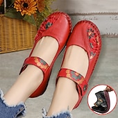 olcso Női lapos sarkú cipők-női piros bőr mezítlábas mary jane flats – hímzett virágos alkalmi kényelmes cipő tépőzáras pántokkal