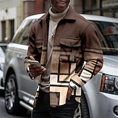 billiga skjortjacka för män-Herr Lutning Geometriska mönster Geometri Skjorta Skjorta jacka Övertröja Långärmad Mode Streetwear Designer Utomhus Ledigt Dagligen Höst vinter Nedvikt Mönster Brun