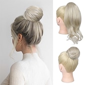 abordables Queue-de-cheval-chignon en désordre haut noeud clip en chignon faux chignon queue de cheval extension 12 pouces synthétique chignon chignon postiche pour les femmes noir