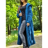 cheap Sweater Jackets-Women&#039;s Cardigan Sweater Stylish Casual Soft Solid Color Cable Hooded Pocket Hooded Long Sleeve Long Tops Knit Outdoor Daily Going out Black Yellow Fall Winter