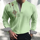 preiswerte Ethnisches Muster-Herren Stammes Vintage Geometrie Hemd Knopfhemd Langarm Modisch Strassenmode Designer Outdoor Casual Täglich Sommer Herbst V Ausschnitt Bedruckt Schwarz Rosa Blau Grün Khaki