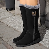 baratos Botas de neve e inverno-botas de inverno femininas de camurça preta com forro de pele sintética e zíper lateral - botas quentes e elegantes de cano médio para clima frio