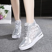 economico Sneakers da donna-sneakers da donna con zeppa traspiranti e pannello in pizzo – comode scarpe alte con lacci per uscite casual e abbigliamento estivo