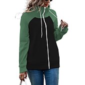 preiswerte Sport Hoodie-Damen Farbblock Basic Langarm Kapuzenpullover Normale Oberteile Strasse Casual Reißverschluss Vordertasche Weiß Rosa Rote Grün Armeegrün Herbst Winter