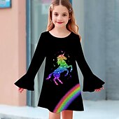 cheap 3D Unicorn Dress-Girls&#039; 3D Graphic Cartoon Unicorn Dress Long Sleeve 3D Print Summer Fall Vacation Sports &amp; Outdoor Daily Cute Casual Beautiful Kids 3-12 Years Casual Dress A Line Dress Above Knee Regular Fit
