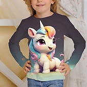 billiga Flickans 3D-tecknad film-Flickor 3D Grafisk Tecknat Enhörnings T-shirt Långärmad 3D-tryck Sommar Höst Aktiv Mode söt stil Barn 3-12 år Utomhus Ledigt Dagligen Normal
