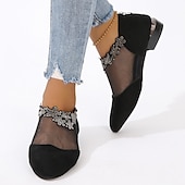 ieftine Block Heels-Botine de damă din plasă neagră, cu ornamente florale cu strasuri - pantofi eleganți cu toc mic, cu vârf ascuțit, pentru evenimente formale și petreceri
