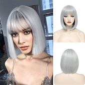 baratos Perucas Sintéticas sem Touca-peruca loira com franja - peruca loira curta de 12&#039;&#039; para mulheres perucas de cor natural com franja super macia e fácil de usar peruca reta bob peruca sintética para o dia das bruxas