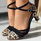 Недорогие Обувь для бальных и современных танцев-Женские танцевальные туфли с леопардовым принтом и сетчатыми ремешками – резиновая подошва, удобные и стильные для бальных и латиноамериканских танцев