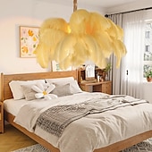 abordables Luces de isla-Lámpara colgante de luz led, hermosa lámpara colgante de ramo de plumas de avestruz blanco extra grande, accesorio de iluminación montado romántico para el dormitorio del restaurante