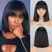 cheap Synthetic Trendy Wigs-Short Bob White Wig with Bangs Silver White Short Wigs for Women Straight Bob White Cospaly Hair Wig for Daily Party Halloween