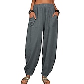 cheap Plain Cotton Linen Pant-Women&#039;s Cotton Linen Pants Baggy Pants Harem Pants Comfort Solid Color Pocket Elastic Waist Causal Black White Army Green Dark Navy Summer Spring Fall