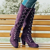 abordables Botas de moda-Botas azules con cordones hasta la rodilla para mujer con tacones en bloque para moda y ropa informal