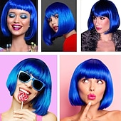 cheap Carnival Wigs-Blue Bob Wig With Bangs 12 Inch Royal Blue Wig Short Synthetic Fiber Bob Wigs for Women Short Bob Wigs and Halloween Cosplay Bob Wig