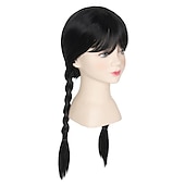 economico Parrucche dei personaggi dei film-mercoledì addams parrucche ragazze parrucca per bambini parrucca lunga liscia nera intrecciata con frangia parrucca da festa parrucche di carnevale