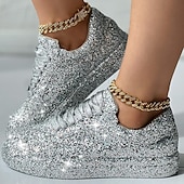economico Sneakers da donna-sneakers da donna con plateau e glitter argento - scarpe casual con lacci scintillanti per feste e street style