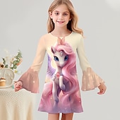 cheap 3D Unicorn Dress-Girls&#039; 3D Graphic Cartoon Unicorn Dress Long Sleeve 3D Print Summer Fall Vacation Sports &amp; Outdoor Daily Cute Casual Beautiful Kids 3-12 Years Casual Dress A Line Dress Above Knee Regular Fit