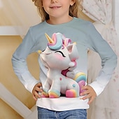 billiga Flickans 3D-tecknad film-Flickor 3D Grafisk Tecknat Enhörnings T-shirt Långärmad 3D-tryck Sommar Höst Aktiv Mode söt stil Barn 3-12 år Utomhus Ledigt Dagligen Normal