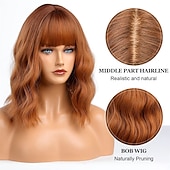 economico Parrucche trendy sintetiche-parrucche ramate con frangia parrucca zenzero parrucca rosso arancio parrucca ondulata lunghezza spalle parrucca parte centrale capelli per donna